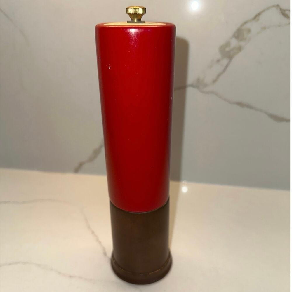 Rare Vintage Wood Pepper Mill Red with Brown Mid Century Modern 1950’s